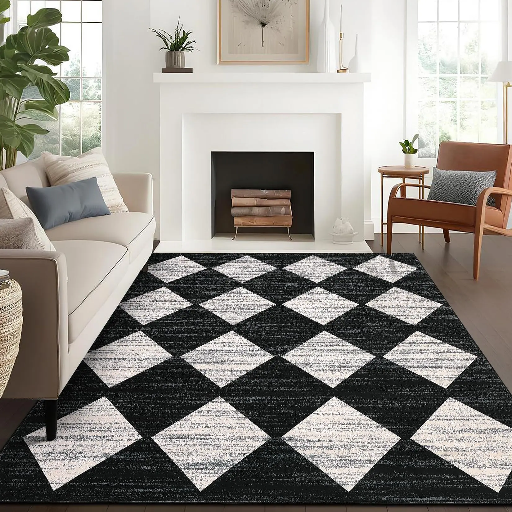GARVEE - Washable Checkered Rug 5 x 7 Inches, Modern Neutral Rug with Non-Slip Rubber Backing, Soft Synthetic Wool Rug for Entryway, Bedroom, Living Room, Kitchen
