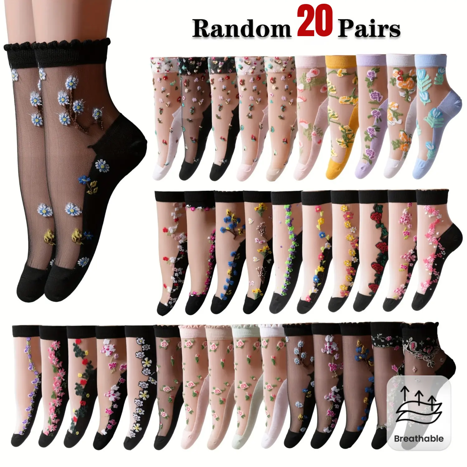 Women's Middle Socks - 5/10/20 Pairs, Spring-Summer Thin French Terry Crystal Glass Silk, Jacquard Print, Multiple Patterns, Floral Lace, Casual Soft, Breathable Comfy, Ideal Gifts for Family Friends, Breathable Comfy Socks, Casual Soft Socks