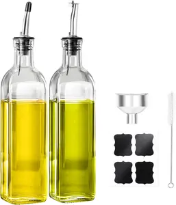 Olive Oil Dispenser Bottle, 2 Pcs Glass Oil Bottle for Kitchen, Cooking Oil and Vinegar Dispenser Set with 2 Flip-Top Spout, 4 Labels and 1 Funnel