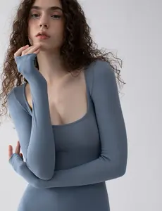 PUMIEY Women's Square Neck Long Sleeve Maxi Dress Ribbed Bodycon Dresses for Women Soft Lounge Dress Casual Womenswear TIDE COLLECTION Elegant Basic Aegean Bottom Minimalist Summer Rayon Spandex TikTokShopHolidayHaul