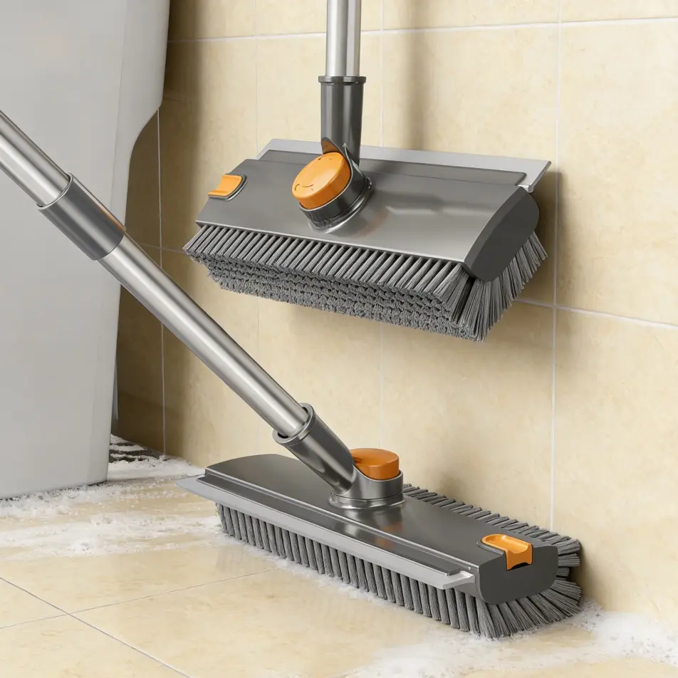 3-in-1 Heavy Duty Floor Squeegee Broom with Bristle Brush & Long Adjustable Sturdy Stainless Steel Pole, Hangable Household Floor Cleaning Tool, TikTok-Favorite for Bathroom Tile, Swimming Pool Care