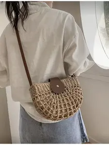 Women's Straw Beach Bag with Hollow Design Summer Vacation Handbag Crossbody Bag Wicker Tote Perfect for Beach Accessories