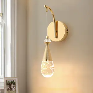 Garwarm Modern LED Gold Crystal Wall Lamps, Water Drop Mid-Century Wall Mounted Lighting Fixture, 7W Indoor Wall Sconces for Home Bathroom Mirror Living Room Bedroom Bedside Vanity (3500K, 1 Pack)