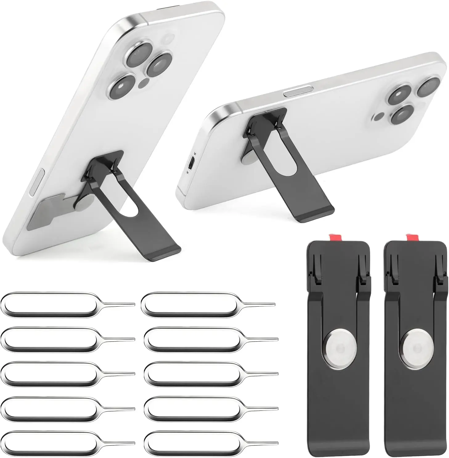 2 Pack Phone Kickstand, Metal Phone Stand for Desk, Slim Adjustable Phones Holder with 10 Pcs Sim Card Removal Tool