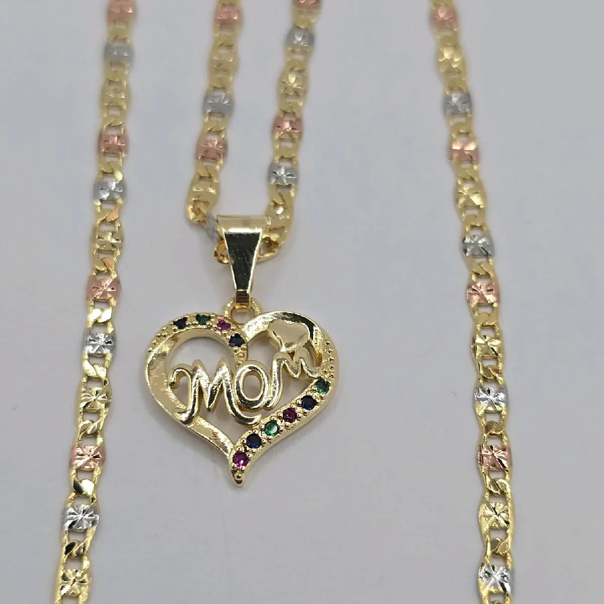 MOM, beautiful heart necklace with color stones fashion chain style three colors Gold-plated