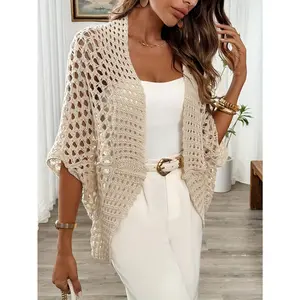 Women'S Spring/Summer Batwing Sleeve Crochet Cardigan - Elegant Acrylic Top with Lace Detail, White, Perfect for Casual & Formal Occasions, Casual Wear|Elegant Lace Detail|Durable Knit, Crochet Cardigan
