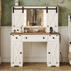 Sikaic Farmhouse Makeup Vanity Desk Mirror With Sliding Barn Door 3 Lighting Modes Adjustable And Charging Station White Furniture Bedroom Storage Drawer Modern Wood Dresser