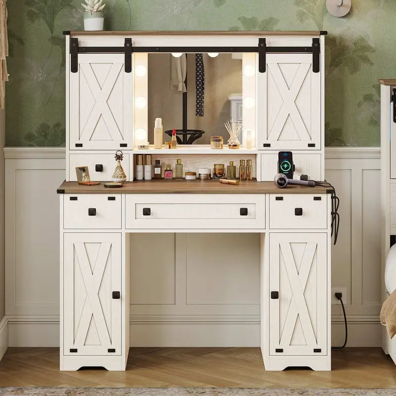 Sikaic Farmhouse Vanity Desk with Mirror and Lights, White Makeup Dressing Table with Charging Station, Rustic Vanity Mirror with Sliding Barn Door, Vanity Table with 3 Lighting Modes Adjustable