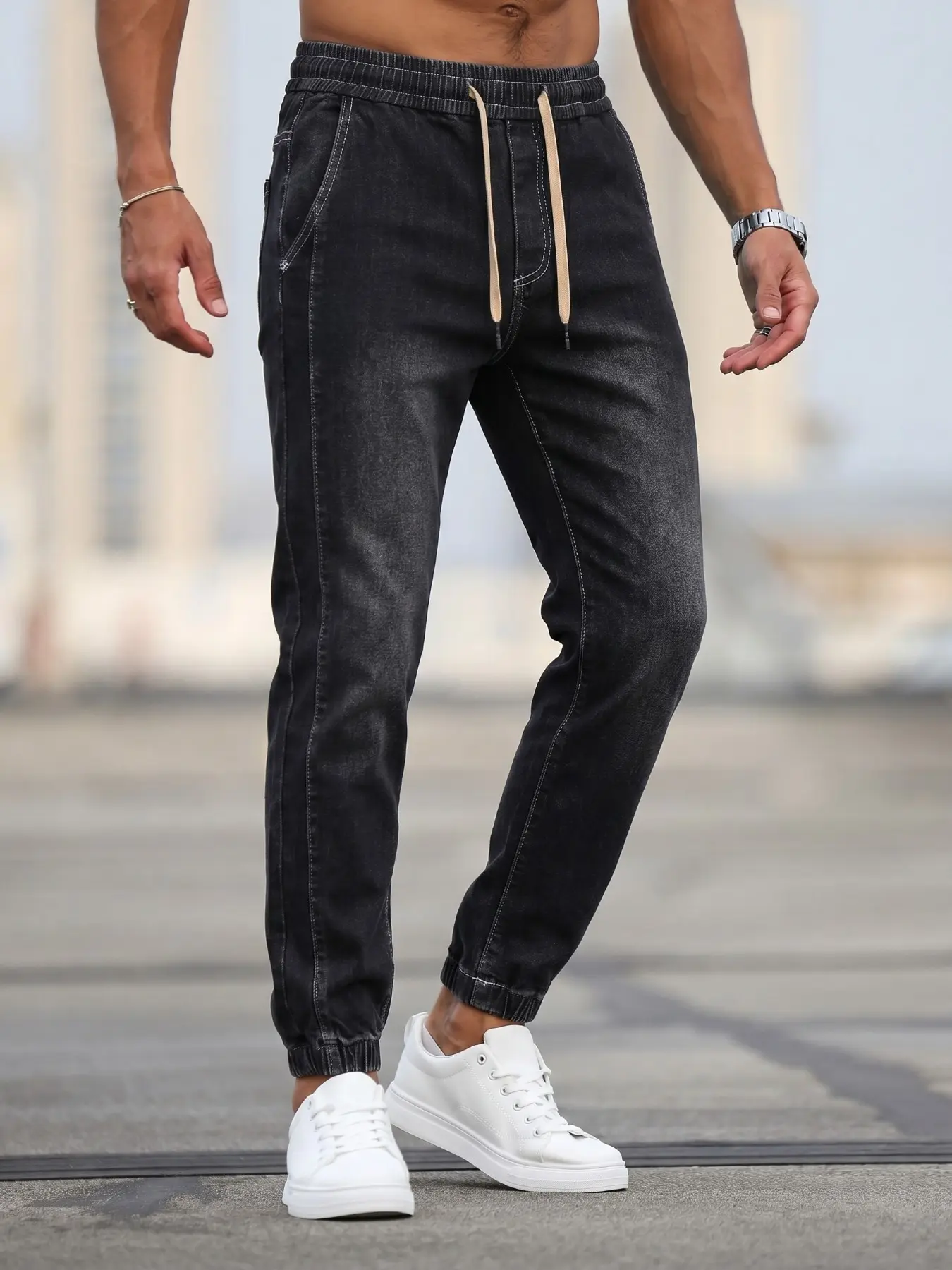 Men's Elastic Waist Plain Denim Jeans, Casual Comfy Jeans, Slim Fit Ankle Pants with Pocket, Drawstring Waist Design, Perfect Gift for Boyfriend or Husband, Casual All-Season Wear Streetwear, Menswear