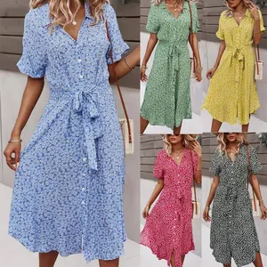 Women's casual vacation style spring and summer grand swing printed ribbon dress