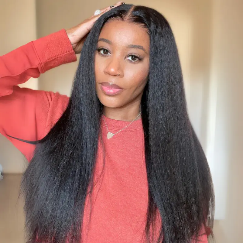 UNICE Kinky Straight V-Part Human Natural Hair Wig - Lace Front U-Part Wig, Glueless Install, Beginner-Friendly, Easy-to-Install with Adjustable Drawstring, V Part Wig