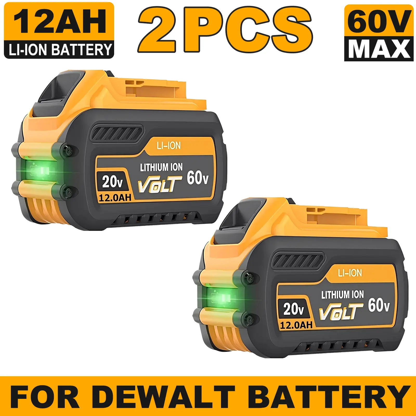 Dewalt Cordless Power Tool Replacement Batteries (2-Pack), 20V/60V MAX Dual-Voltage, 12000mAh High-Capacity Lithium-Ion, Shockproof, Dust-Resistant, Overheating Protection, FCC/CE/ROHS Certified, Compatible with DCB606 DCB609 DCB612, Tough Job Sites Ready