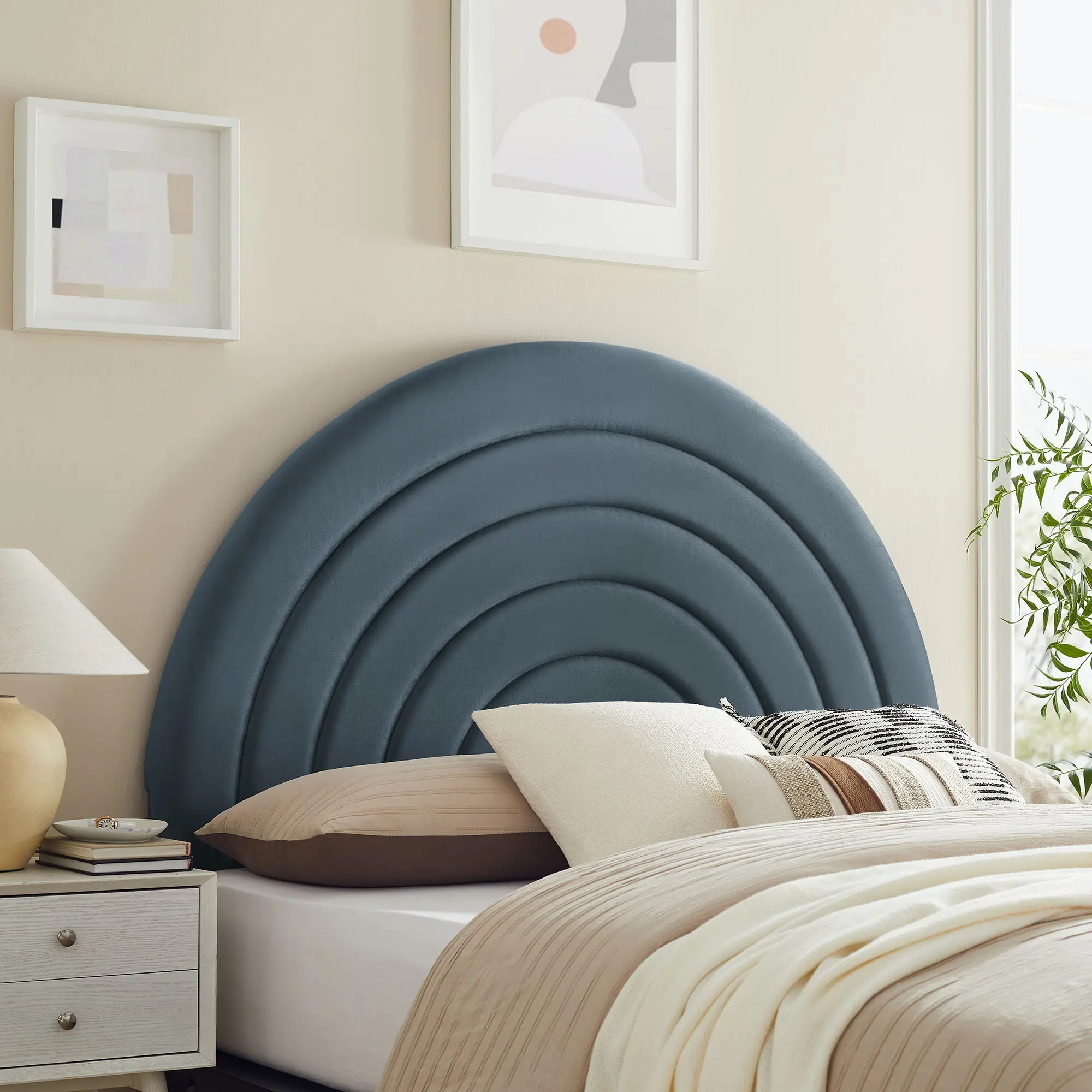 Solana Arched Performance Velvet Queen Headboard in Cadet Blue