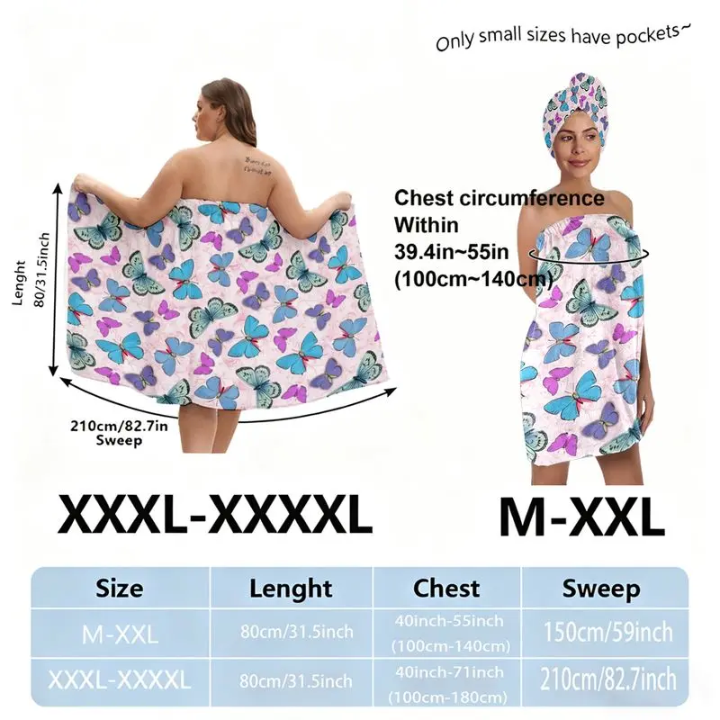 Women's Butterfly Print Bath Wrap Set with Shower Cap, Light Pink & Colorful Butterflies, Plus Size (M-XXXXL) - Perfect for Post-Shower Spa, Bridal Shower, or Festive Gift