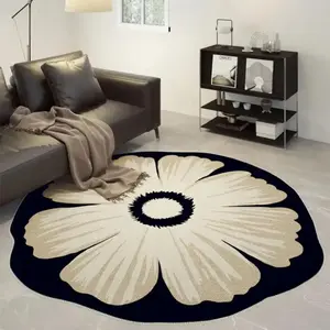 Cream Color Floral Round Living Room Rug, Floral Area Rug, Boho Floral Rug, Irregular Bedroom Mat, High-End Vanity Chair Pad, Background Flowers Design