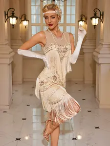 1920s Flapper Sequin Fringe Formal Chic Elegant Fit Evening Cocktail Dress - Gatsby Cocktail Party Costume
