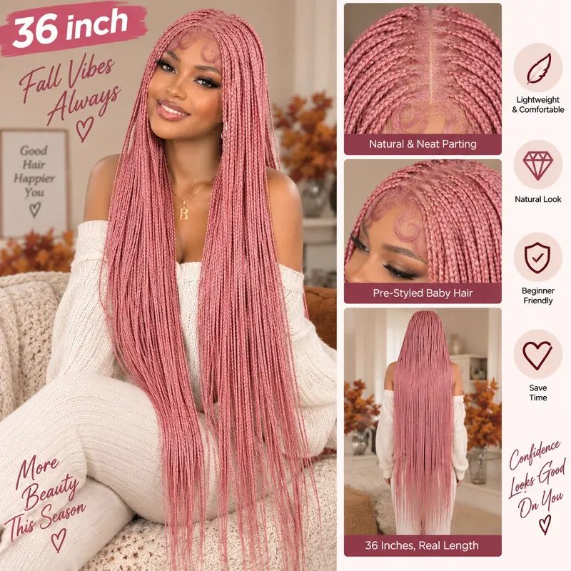 SuperNova Pink 36'' Full Lace Synthetic Box Braided Wig - Handmade Lightweight, Tangle-Free, Beginner-Friendly, Glueless, Full Lace Area, Medium Size with Adjustable Straps #SohoChic #TikTokShopStockUp #DealsForYouDays