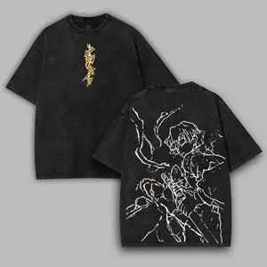 Zenitsu Demon Slayer Kimetsu No Yaiba Anime Manga 2 sided Washed Cotton T-shirt Menswear 90s Casual men's Top Soft graphic tee