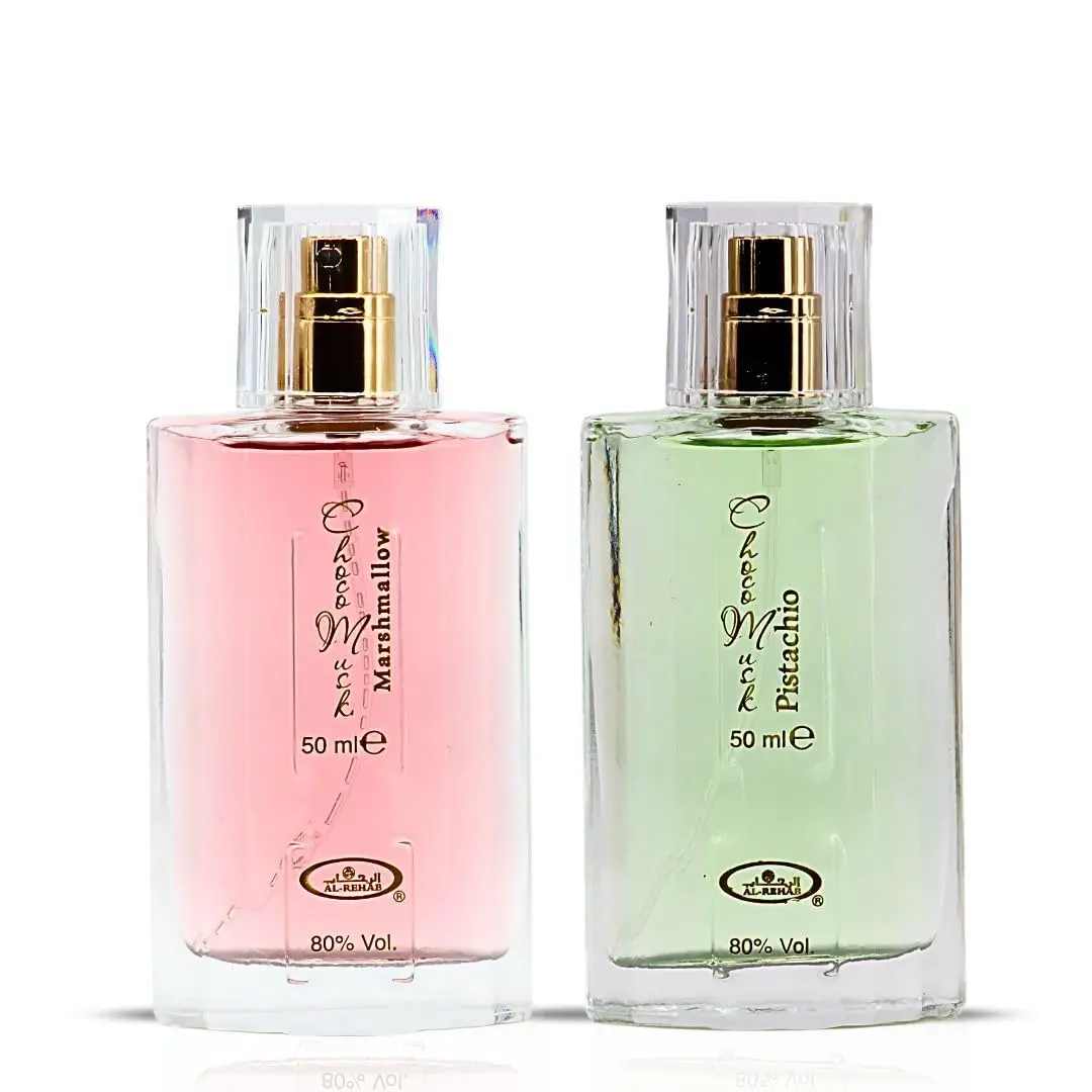 Al-Rehab Eau de Parfum Spray Set, Choco Musk Marshmallow & Pistachio Indulgent Fragrances, Long-Lasting Unisex Perfumes with Chocolate and Vanilla Notes, 2 x 50ml, Gourmet Perfume, Long Lasting Perfumes