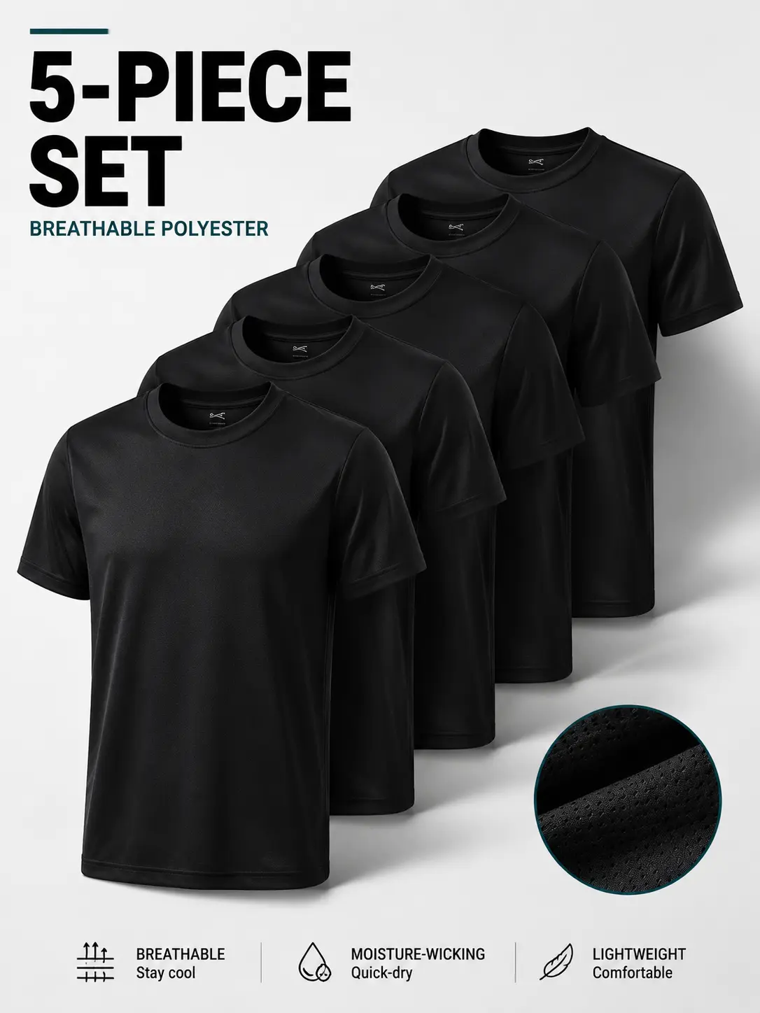 5-Pack Kids Black Athletic T-Shirts, Youth Boys & Girls Quick-Dry Breathable Mesh Activewear Short Sleeve Crewneck Tees, Moisture-Wicking Performance Sport Shirts for Gym, Running, Workout & Casual Everyday Play, Multipack Sizes Ages 5-16