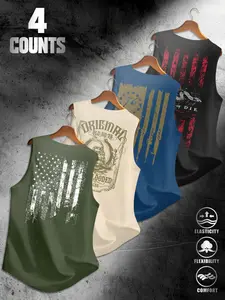 4-Pack Independence Day Usa Flag Print Men's Sleeveless T-Shirts, Versatile Street Style, Fitted Design, Essential American Fashion