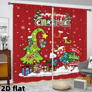 2D Flat 2Pcs Merry Christmas Tree Pattern Window Curtains, Red Background Holiday Design, Cartoon Style Festive Print, Semi Sunshade Rod Pocket Panels, Suitable for Living Room Bedroom Kitchen Office Window Decoration, Christmas Gift Window