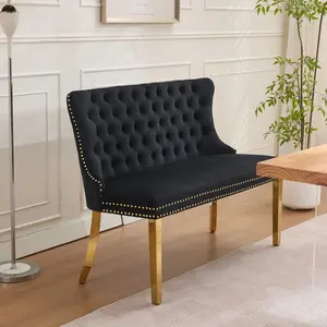 Velvet Double Dining Loveseat Bench with Wing Back, Tufted Upholstered 2-Seat Design,Golden Stainless Steel Legs, Modern Mid-Century Accent Seating for Dining Room, Kitchen, or Entryway