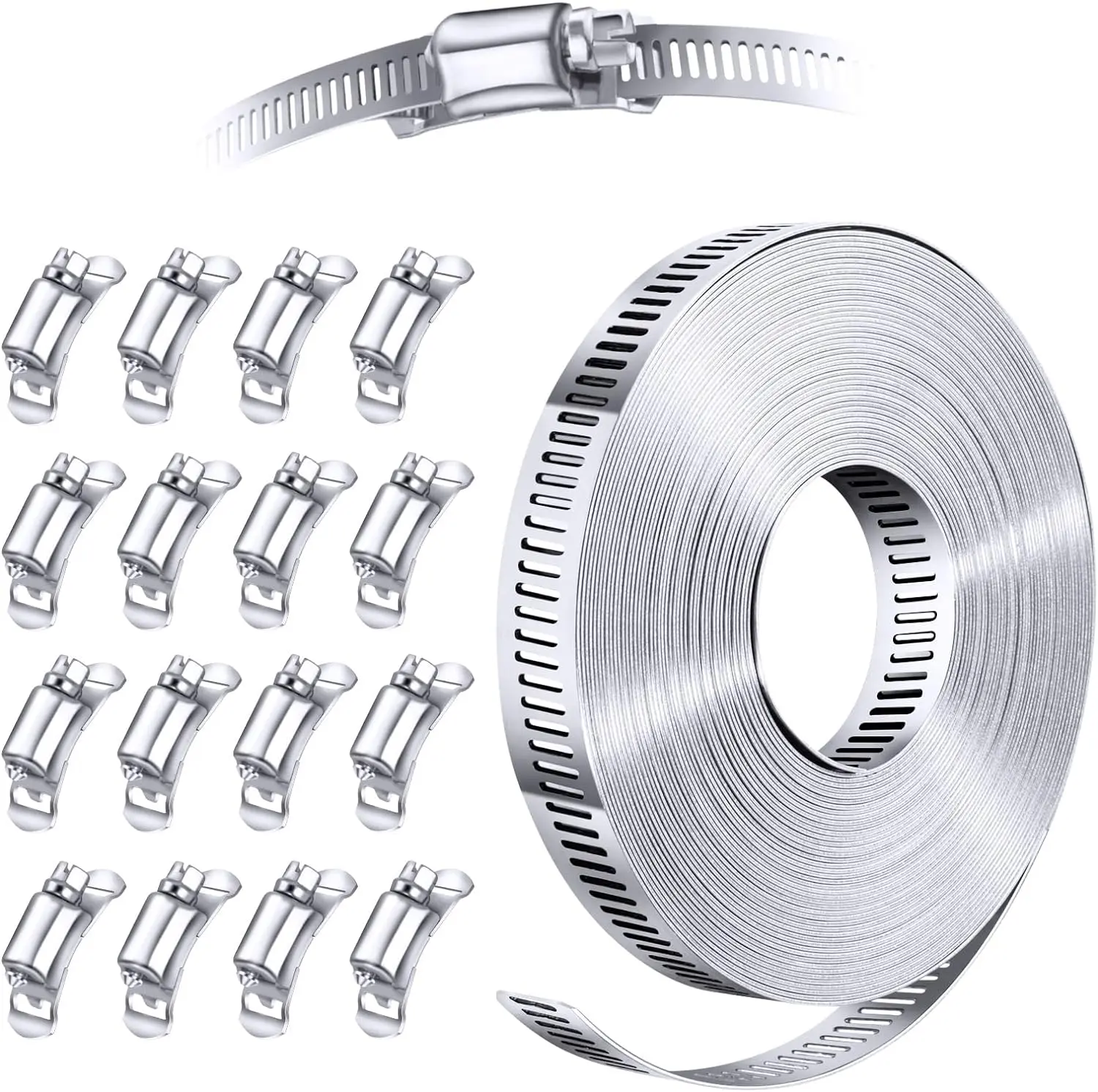 304 Stainless Steel Hose Clamp Assortment Kit DIY, Cut-To-Fit 32 FT Metal Strap+16 Stronger Fasteners,Large Adjustable Worm Gear Band Hose Clamps Screw Clamps Duct Pipe Metal Clamp Strapping