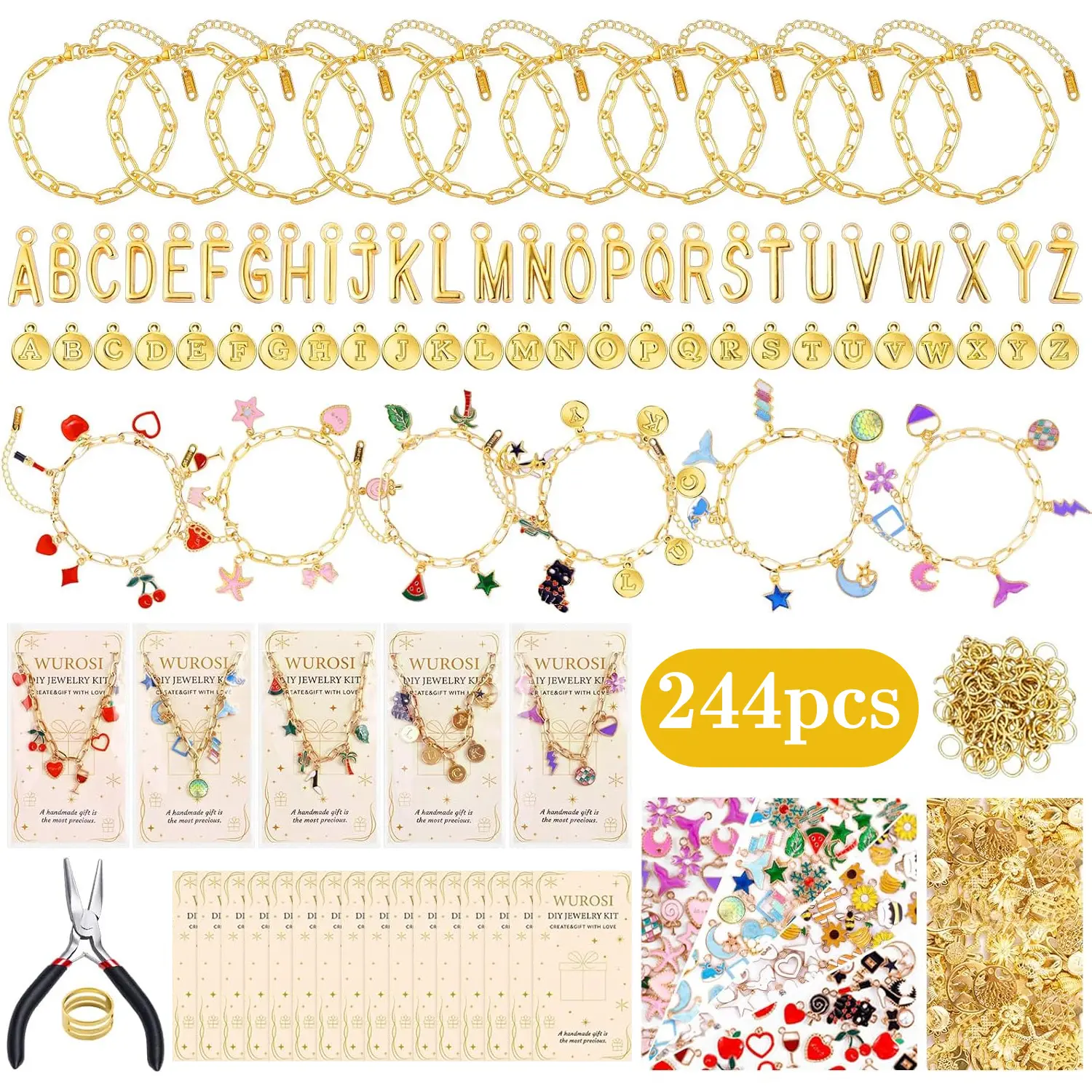 244pcs Golden Paperclip Charm Bracelet Making Kit with Pliers Suitable for Crafts, Complete DIY Supplies with Charms, Jump Rings, Gift Bags & Tools for Beginners, Lettering & Chain Bracelet Charms for Parties, Gifts,