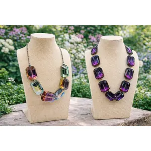 Glass Garden Crystal Necklace Collection - Bold Faceted Rectangle Beads in Blush Meadow & Evening Bloom - 18" & 16" Lengths with Adjustable Chain - Statement Piece for Elegant Looks