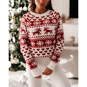 Christmas Printed Long Sleeved Sweater Women's Fashionable Christmas Knitting Printed Long Sleeved Round Neck Sweater