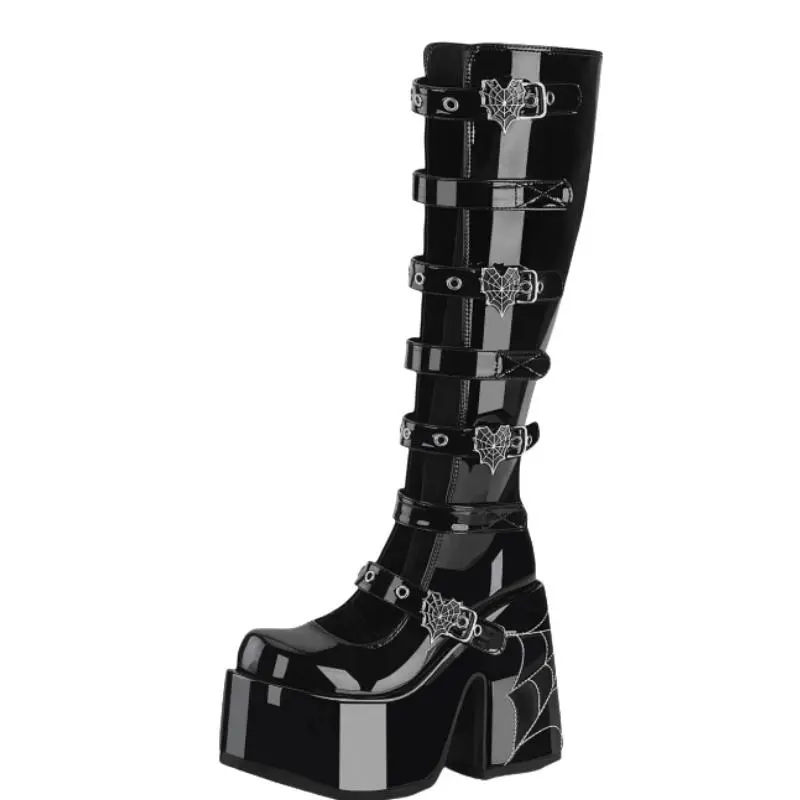 Women's Knee-High Combat Boots with Platform Sole and Chunky Block Heel, Goth Punk Lace-up Fashion Footwear with Spider Buckle, Shoes, Chunky Heel