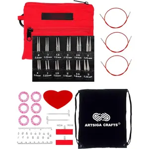 Twist Red Lace Shorties 2 & 3-Inch Small Red 7230-M Interchangeable Knitting Needle Set, 12-Pair Sizes US 0, 1, 1.5, 2, 2.5, 3, Stainless Steel, 3 Cords Bundle with 1 Artsiga Crafts Large Bag
