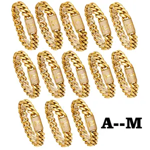 14mm 18K Gold Plated Initial Cuban Link Bracelet | Stainless Steel Miami Chain with Letter A-Z