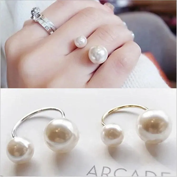 Elegant Women's Imitation Pearl Expanding Ring with Gold-Silver Accents, U-Shaped Opening, Fashion Costume Jewelry for Weddings, Pearl Rings, Expanding Rings