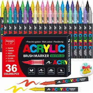 36 Color pc Acrylic Paint Markers, Artist Fine and Soft Brush Tip Marker for Rock Painting Ceramic Wood Canvas Plastic Glass Stone Calligraphy Card Making DIY Crafts, Waterproof Markers for Coloring, Soft Brush Tip Marker Set for Student and Adult