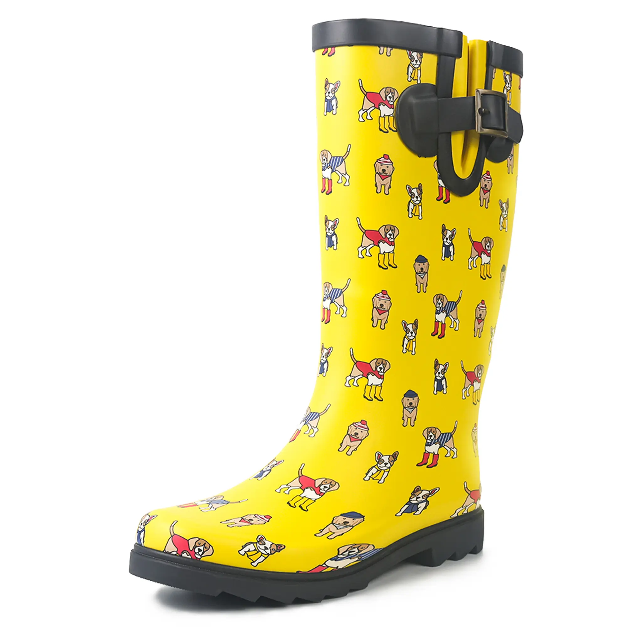 Landchief Women's Natural Rubber Waterproof Puppy Print Rain Boots - Cute Yellow, Non-Slip Grip, Soft Cotton-Lined Gardening Outdoor Footwear for Ladies, Fabric, Cloth