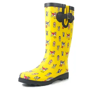 Landchief Women's Waterproof Rain Boots - Cute Yellow Dog Pattern Rubber Garden Shoes | Ladies Non-Slip Outdoor Footwear