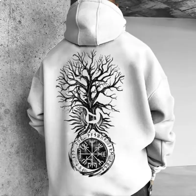 Retro Vintage Viking Tree of Life Oversized Hoodie Unisex Streetwear Norse Mythology Graphic Hoodie Washed Style Casual Cotton Pullover Limited Edition Trendy USA Fashion