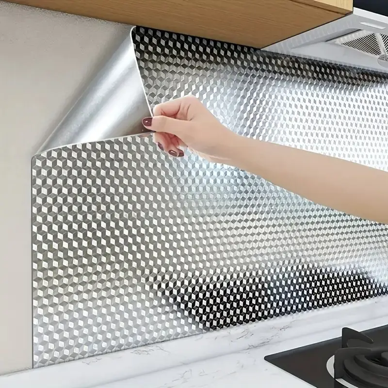 High Temperature Resistant Aluminum Foil Tile Stickers Roll - Adhesive Thin Film, Metallic Wrap Film, Durable, Easy to Clean, Auto-Adhesive, Glue-Free, for Kitchen Backsplashes & Drawer Liners, Peel-and-Stick Wall Decor, Adhesive Thin Film Tile Stickers,
