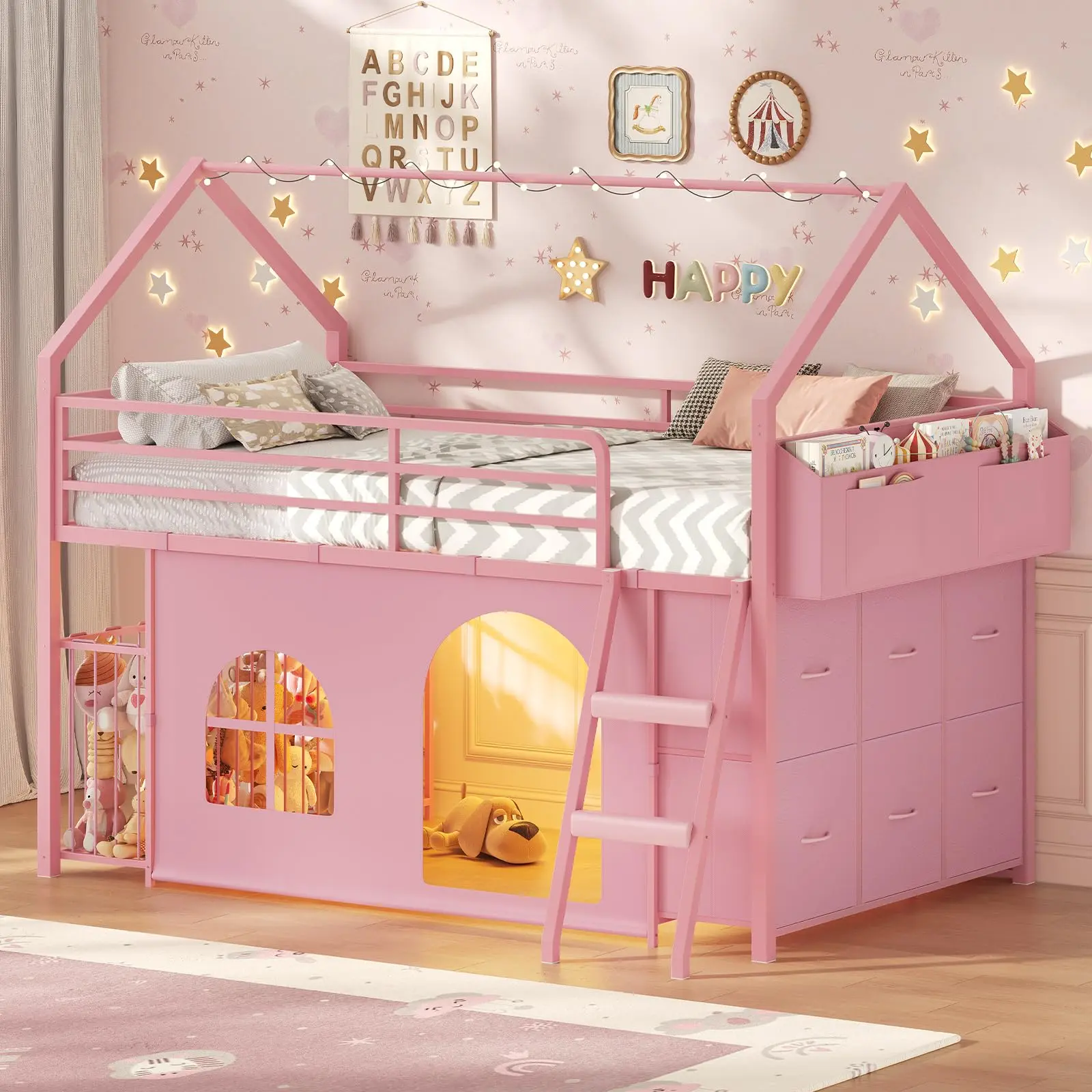 Loft Bed Twin Size with 6 Drawers, LED Lights & Stuffed Animal Storage, Metal House Loft Bed with 13” Safety Guardrail & Inclined Ladder, Twin Low Loft Bed Frame with Play Curtain, Under-Bed Play Space, Pink
