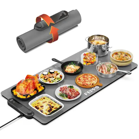 FEPPO Food Warming Mat, Food Warmers for Parties Buffet,Fast Full-Surface Warming Mat for Food with 19 Level Adjustable Temperature and 6 Hours Timer, Roll Up Food Warmer