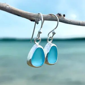 Sterling Silver Sea Glass Dangle Earrings - 925 Hand Crafted Sea Glass with Various Colors, 25mm Length, Hand Tumbled, Casual Beach Jewelry