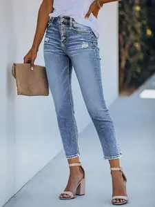 【Plus Size】Button Fly Ripped Skinny Fit Jeans, Fashion Casual Denim Jeans for Daily Outdoor Wear, Women Plus Clothing for All Seasons, Pants