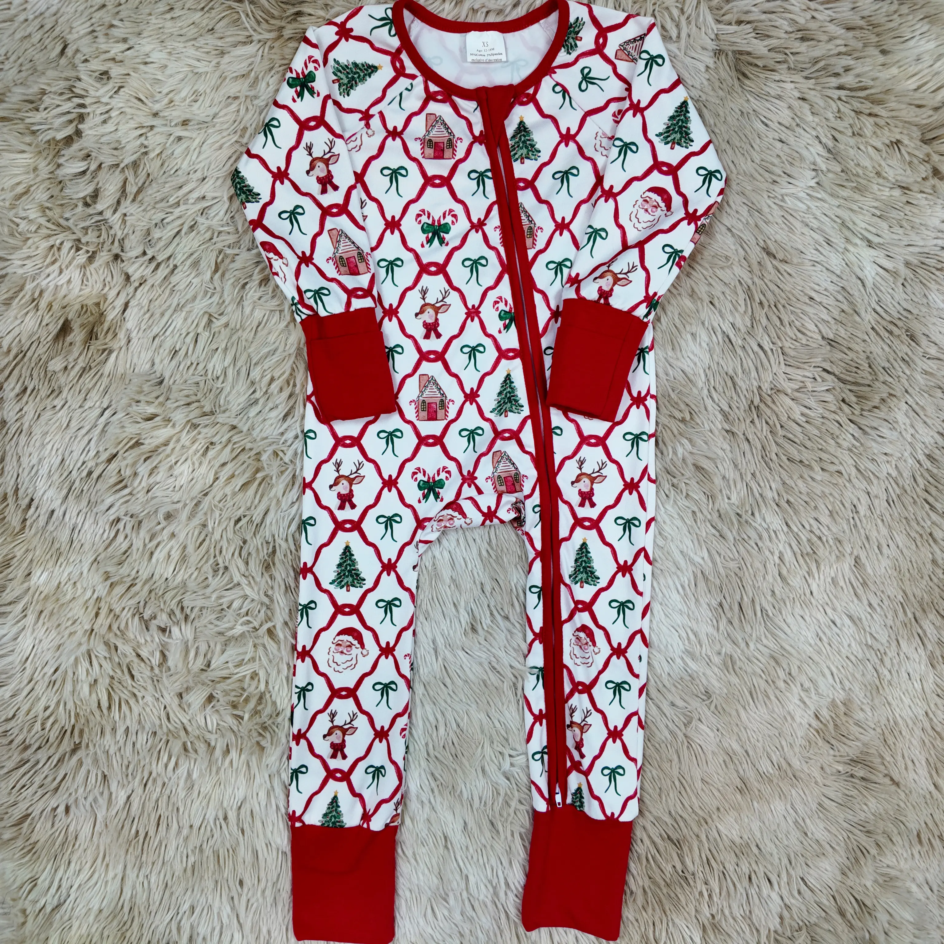 Baby Girls' Cozy 1-Piece Christmas Pajama Sleeper with Festive Tree & Deer Print, Holiday Zipper Sleepwear for 0-2 Years, Sleep Suit, Newborn Sleeper, Print Sleepwear