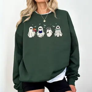 Ghost Reading Book Sweatshirt, Cute Boos Reading Books Crewneck, Autumn Ghost Graphic Women Casual Style, Reading On Autumn Leaves Printed Sweater, Bookish Reading Crewneck For Women, Book Lover Gift, Women's Tops, Soft Fabric Unisex Sweatshirt