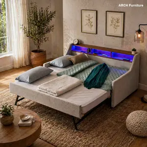 ARCH Beige Twin Size Modern Futon Sleeper Sofa, Linen Blend Padded Frame, Adjustable Headrest, 3 RGB LEDs, Foldable Leg Pull-Up Trundle Bed, Storage, Wireless Charging