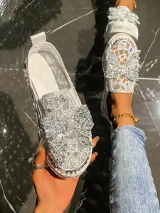 New Fashion Rhinestone Bow Net Mesh Breathable Women Platform Flatform Shoes, Summer Comfort Versatile Outdoor Thick Rubber Sole Slip-On Casual Loafers