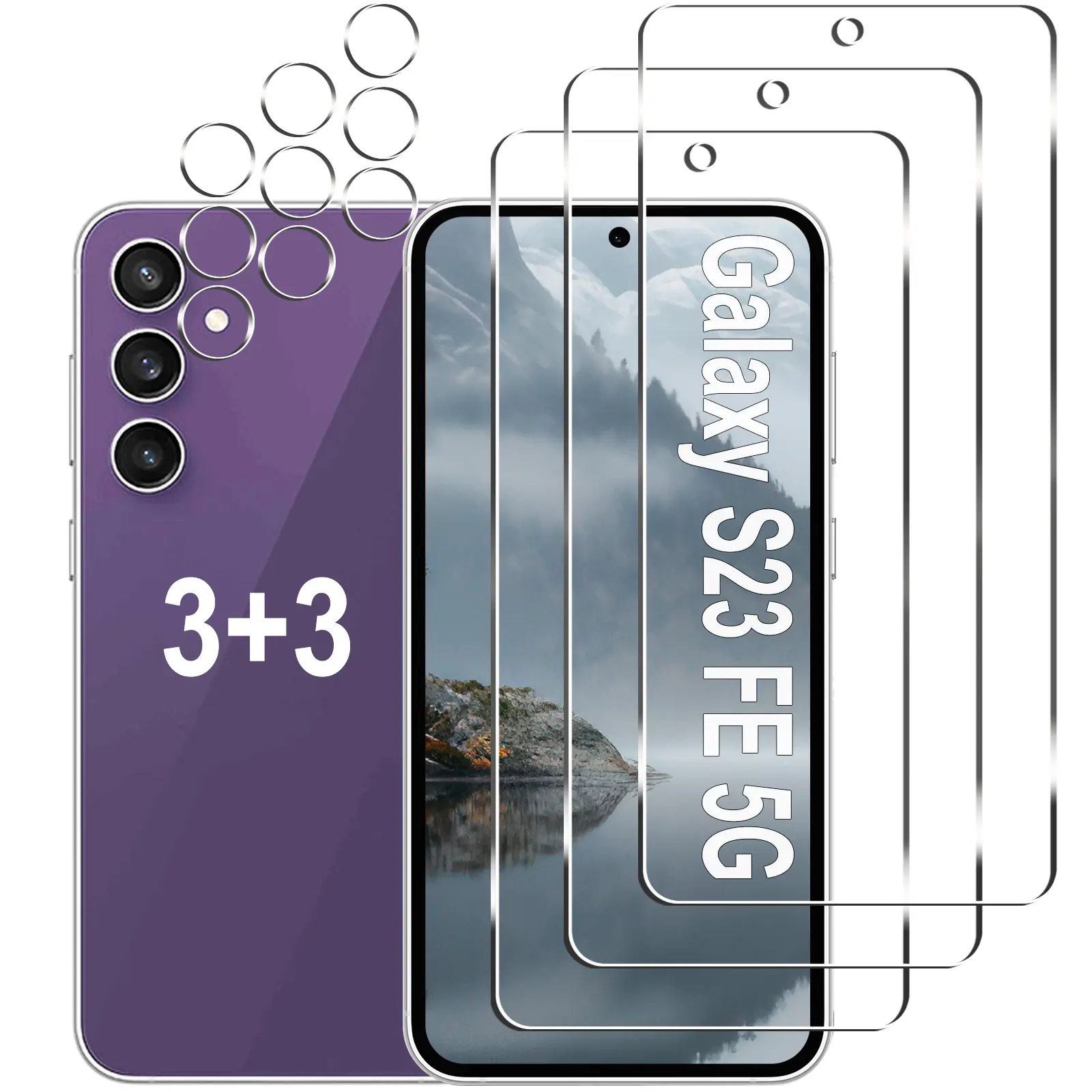 [3+3 Pack] Galaxy S23 FE Screen Protector + Camera Lens Protector, 9H Hardness, Scratch Resistant, Easy Installation, Bubble Free, HD Tempered Glass for Samsung Galaxy S23 FE