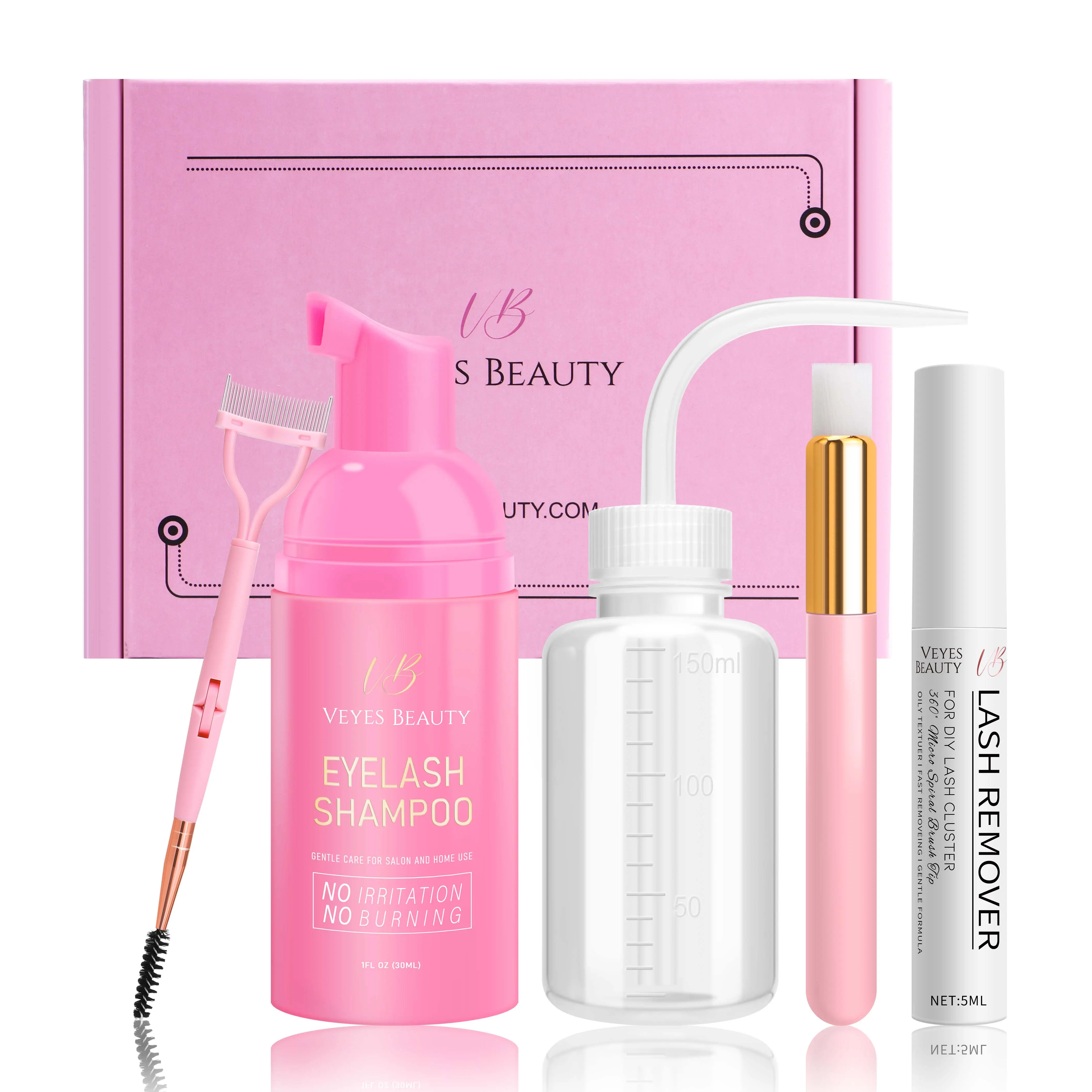 VEYESBEAUTY Luxury DIY Lash Aftercare Kit Remover & Cleaner Kit for Eyelash extensions and Natural Lashes Remover Shampoo Cleansing Brush Mascara Wand Self-Application Eyelash Cleansing Kit Makeup Cosmetic Makeup Remover Cleanser